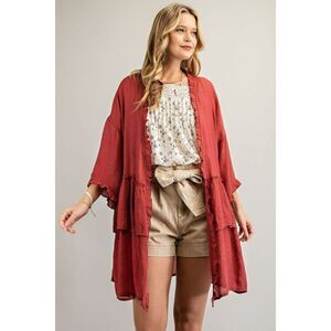 Easel Light Half Sleeve Double Ruffled Open Long Cardigan Red Velvet S-L ET3297